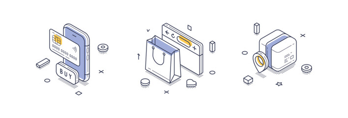 Isometric line icons illustrating various online marketing concepts, such as mobile purchases, shopping bags, and location services, showcasing digital commerce.