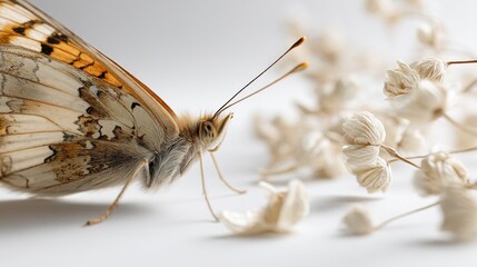 Obraz premium Close-up macro of a butterfly patterned wings and fine antennae, surrounded by soft floral tones and floating in a white space.