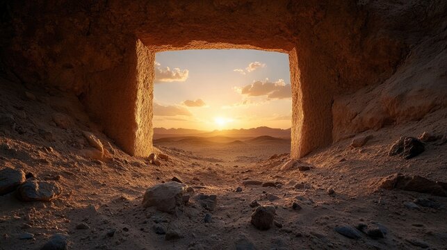 Desert tomb entrance with fading light at sunset, historic Valley of the Kings landscape
