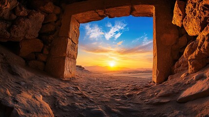 Dramatic sunset over stone tomb entrance in desert, Valley of Kings archaeology site