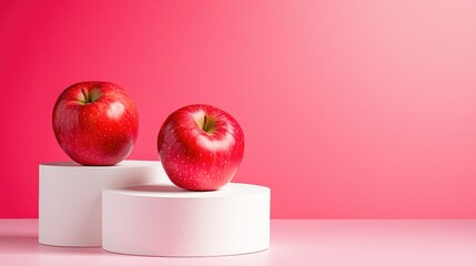 Fresh apples placed on round white platforms, pink backdrop highlighting vivid red