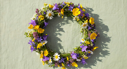 Colorful flower wreath on soft green background  