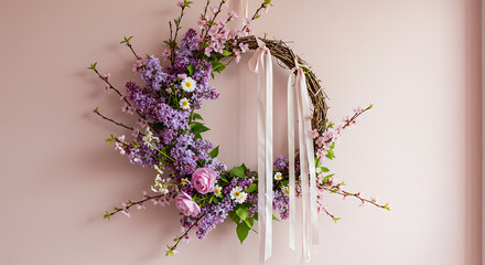 Floral wreath decorated with ribbons against a pink background  