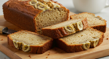 Delicious Sliced Banana Bread Loaf Presented on Wooden Cutting Board