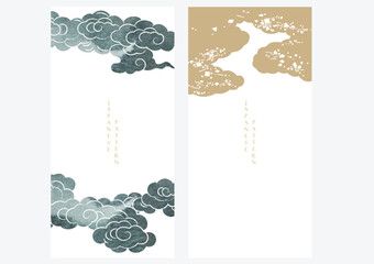 Japanese background with hand drawn line cloud pattern vector. Vintage template with geometric pattern.