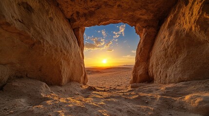 Mysterious tomb doorway carved in rock, sunset glow in Valley of Kings desert