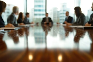 Blurred image of businesspeople in a conference room during a meeting, city view visible.
