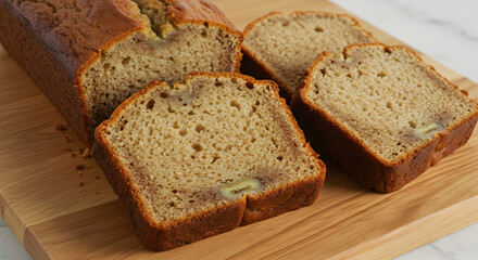 Fresh Baked Banana Bread Slices On Wooden Board Still Life