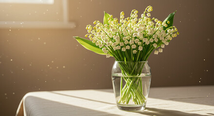 Fresh lilies of the valley bouquet in a glass vase on table  