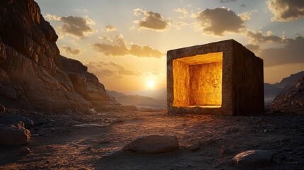 Ruins of ancient Egyptian tomb in golden hour light, Valley of Kings backdrop