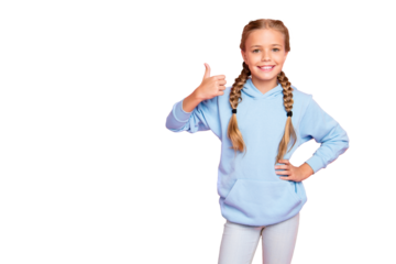 Photo of pretty little lady raising thumb up advertising buy cool school supplies wear casual blue hoodie pullover isolated pastel pink color background