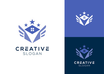 Hexagonal house with human elements, wings and stars logo design