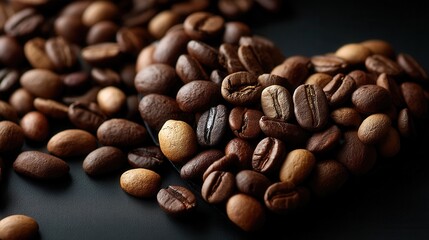 Rich aromatic coffee beans scattered on dark surface