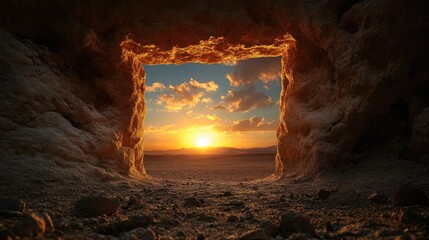 Sunset over tomb portal in Valley of the Kings, historical mystery and desert landscape