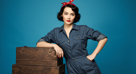 Retro woman posing confidently with a suitcase against blue background  