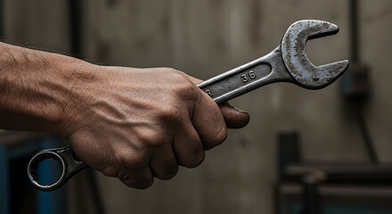 Hand holding a wrench in a workshop background  