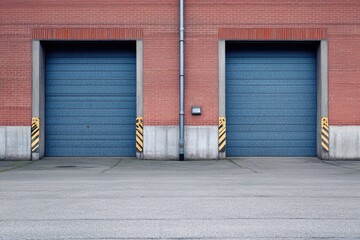 Industrial warehouse exterior with closed doors