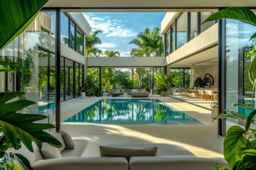 Fototapeta premium A stunning modern mansion with floor-to-ceiling windows framing the view of a luxurious pool area, surrounded by tropical plants and chic outdoor furniture