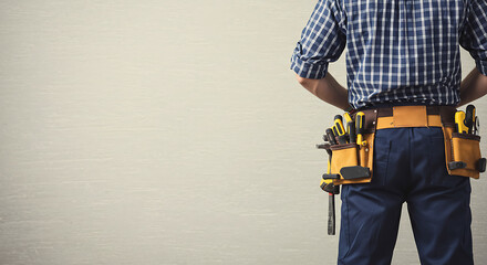 Skilled worker wearing tool belt contemplating work against plain wall  