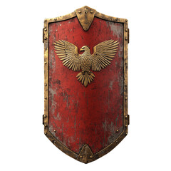 Ancient Roman red rectangular shield with golden eagle emblem, worn wood and metal details, historic legionary armor.