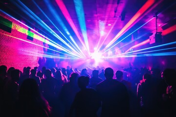 Crowd of silhouettes enjoying vibrant laser light show at a concert in a dimly lit venue.
