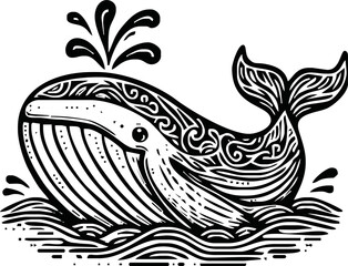 Humpback whale, line art isolated on white background. Minimal abstract whale linear sketch drawing.