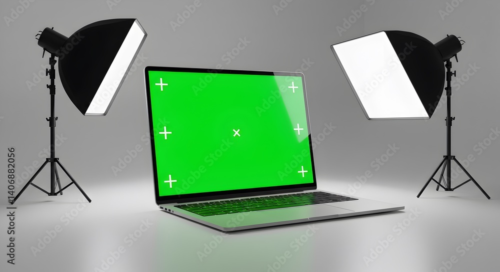 Poster laptop with a green screen for chroma key compositing in studio environment