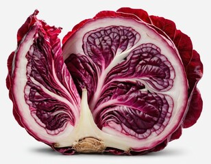 Obraz premium A vibrant cross-section of red cabbage showcasing intricate layers and rich color.