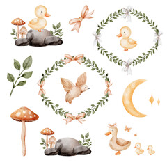 clipart boho watercolor geese wreaths summer set