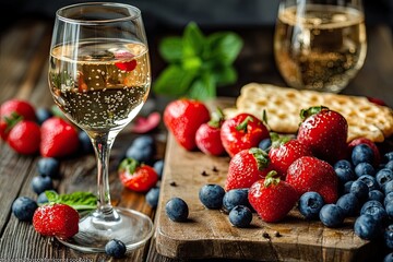 Sparkling wine, strawberries, blueberries, and crackers on rustic wooden surface