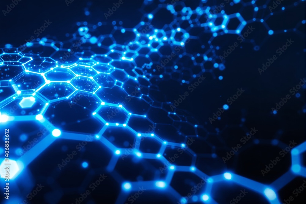 Poster futuristic glowing hexagonal network background.