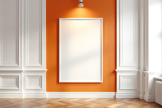An empty frame poster mockup mounted on an orange accent panel set against a classic white interior wall with elegant molding details. The wall is illuminated by a focused spotlight from above, drawin