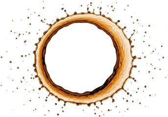 A brown liquid splash forming a ring shape with droplets isolated on a white background studio shot