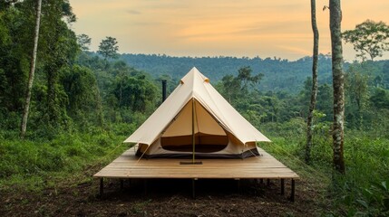 Eco-Friendly Travel for a Sustainable and Responsible Journey, A tent set on a wooden platform amidst lush greenery, surrounded by mountains at sunset.