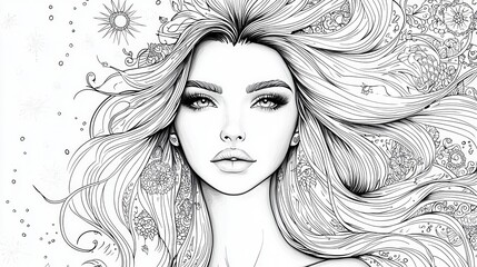 Fototapeta premium Intricate Line Art Portrait of Beauty