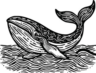 Humpback whale, line art isolated on white background. Minimal abstract whale linear sketch drawing.