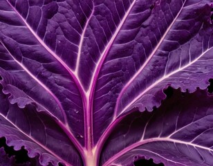 Vibrant close-up of a purple cabbage leaf showcasing intricate veins and textures.