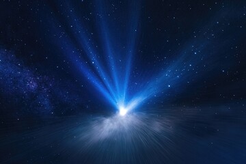 Obraz premium A bright light bursts from the center of a dark, star-filled night sky, creating a cosmic spectacle.