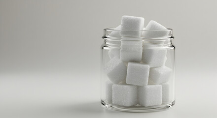 Sugar Cubes Stacked Creatively in Glass Jar on White Background