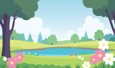 Pond Nature Landscape in Park Garden with Flowers Plant Tree in Summer