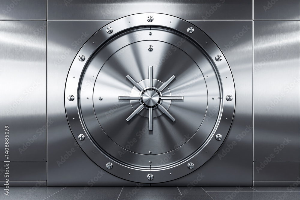 Poster Secure metallic bank vault door with a circular locking mechanism.