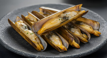 Razor Clams Delicious Seafood Display On Dark Plate In High Definition