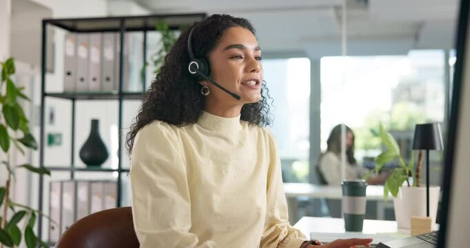 Happy woman, consultant and talking with headset on mic at call center for online advice or communication. Female person, agent or virtual assistant with smile on computer for customer service or CRM