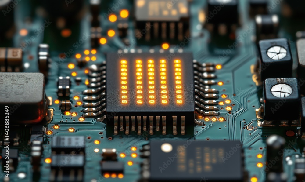 Poster close-up of illuminated microchip on circuit board showcasing advanced technology and design