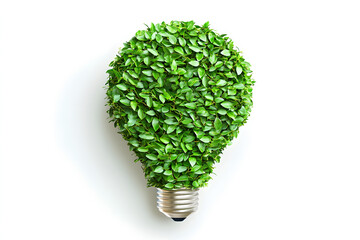 A light bulb formed with lush green leaves represents the concept of renewable energy and environmental sustainability