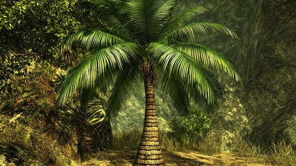 Naklejka premium Lush tropical palm tree in a dense jungle