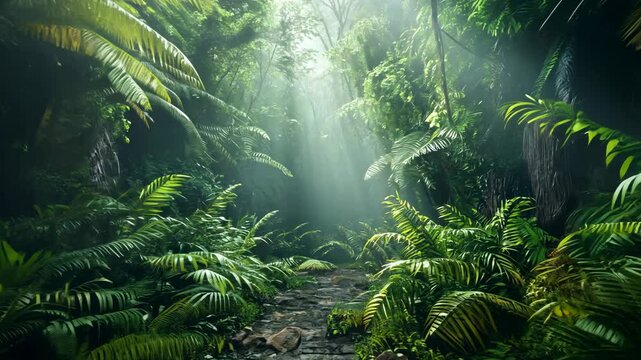 Sunbeams pierce lush, dense jungle path