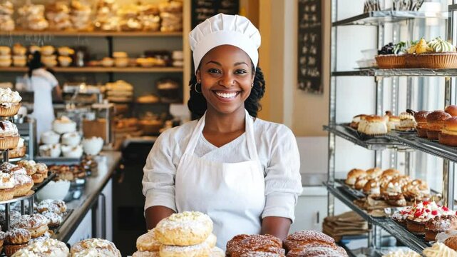 Attractive African American female saleswoman greeting customers with a big smile in bakery behind counter filled with fresh pastries