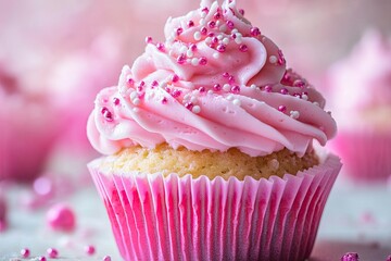 Pink cupcake with frosting and sprinkles