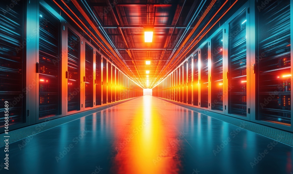 Poster futuristic data center corridor illuminated with vibrant lights and server racks